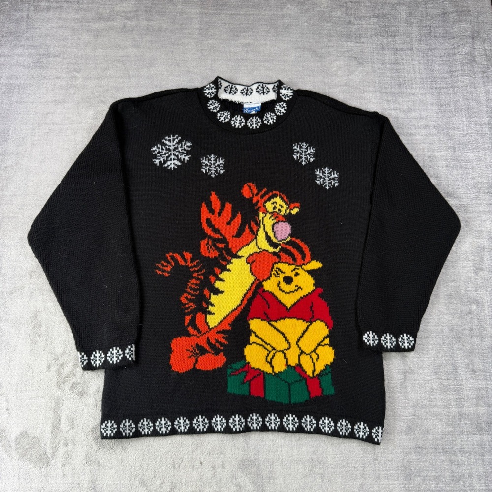 Vintage Disney Christmas Sweater Women Medium Black Winne the Pooh Tigger 90s